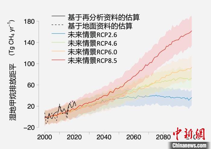 基于觀測的濕地甲烷排放變化與未來氣候變化情景下估算的對比?！≈锌圃呵嗖馗咴?供圖