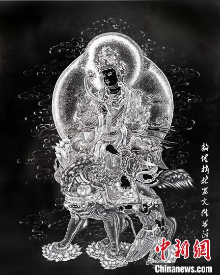 圖為朱增平創(chuàng)作的鍥金畫《敦煌榆林窟文殊菩薩》。(資料圖) 受訪者供圖