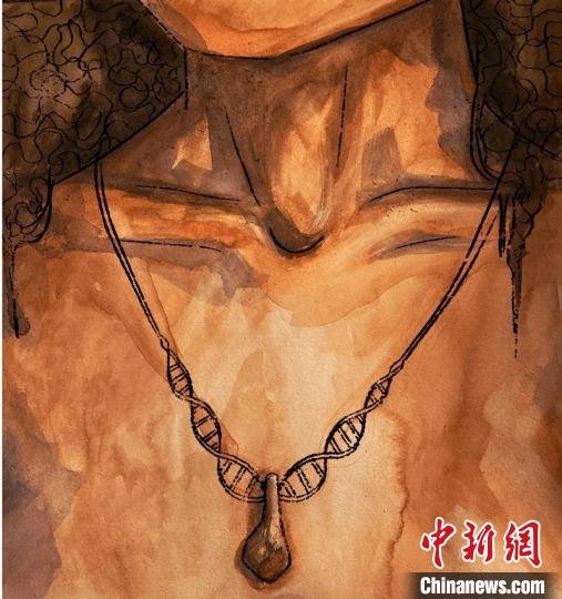 墜飾藝術(shù)再現(xiàn)圖，圖中吊墜繩為DNA螺旋樣式(圖片作者M(jìn)yrthe Lucas)。　施普林格·自然 供圖