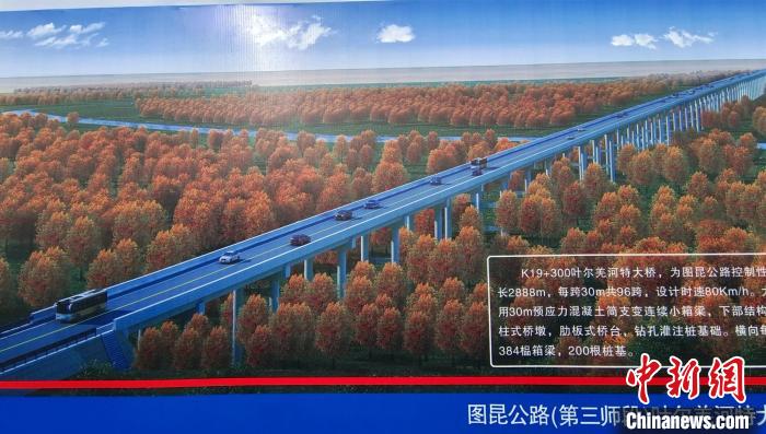 大橋穿越近3000米的原始胡楊林保護區(qū)。圖為工程效果圖?！∈酚窠?攝