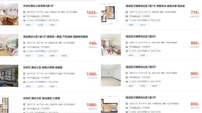 北京市海淀區(qū)部分高單價二手房源截圖。