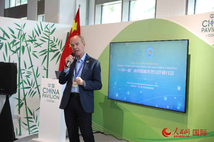 綠色聯(lián)盟聯(lián)合主席、世界自然基金會國際特使蘭博蒂尼在“一帶一路”綠色低碳轉(zhuǎn)型合作研討會上發(fā)言。人民網(wǎng)記者 張志文攝