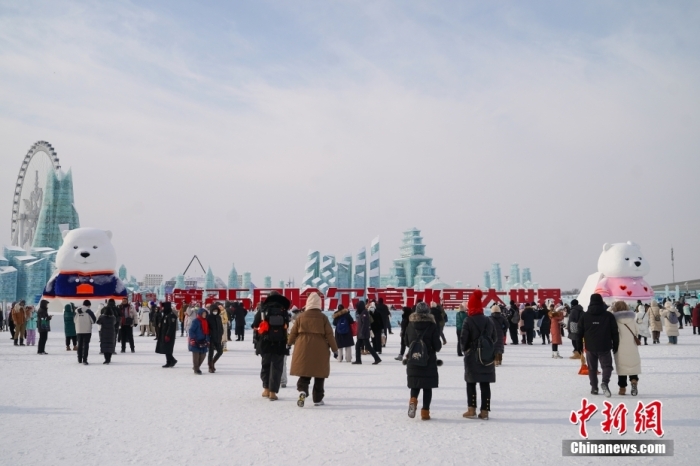 1月4日，第25屆哈爾濱冰雪大世界內(nèi)的冰雕吸引游客觀看。白天的冰雪大世界，游客仿佛置身現(xiàn)實(shí)版“冰雪奇緣”。<a target='_blank' href='/'><p  align=