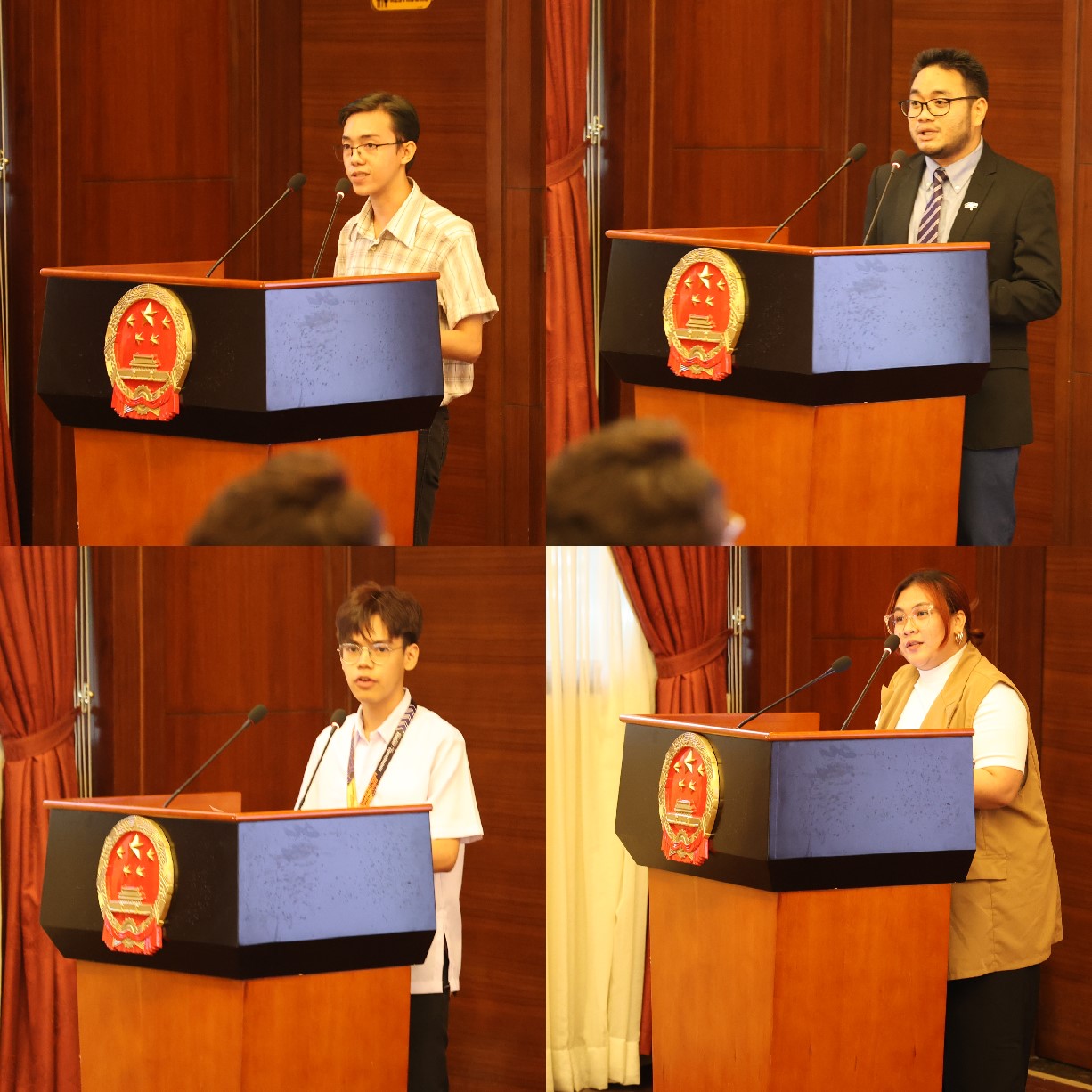 菲律賓大學(xué)、菲律賓師范大學(xué)的4位學(xué)生和校友代表現(xiàn)場(chǎng)發(fā)言向中方表示感謝并分享體會(huì)。駐菲律賓使館 供圖