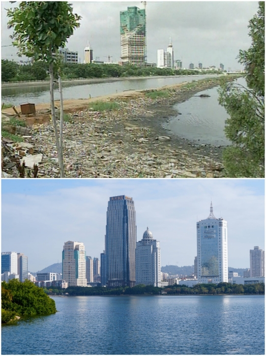 上圖：筼筜湖治理前資料圖。下圖：筼筜湖如今的美麗風(fēng)光。人民網(wǎng)記者 吳超嵐攝