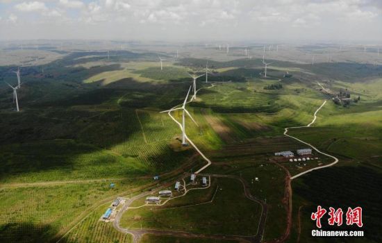 6月28日，河北張家口張北草原上大片風(fēng)力發(fā)電的“風(fēng)車”規(guī)模宏大。 中新社記者 楊艷敏 攝
