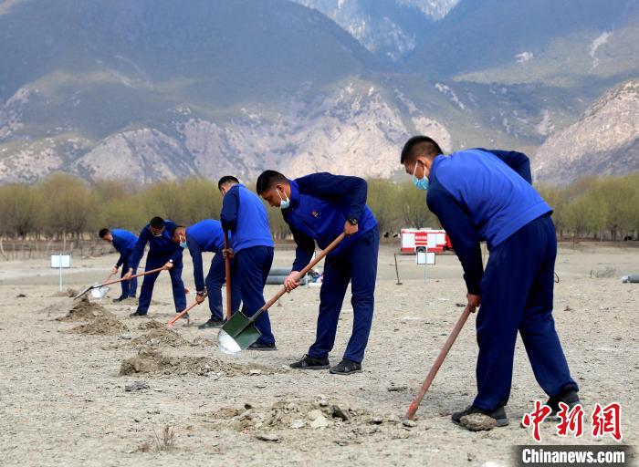 林芝市巴宜區(qū)森林消防中隊志愿服務(wù)隊正在揮鍬鏟土?！∥骼@拉翁 攝