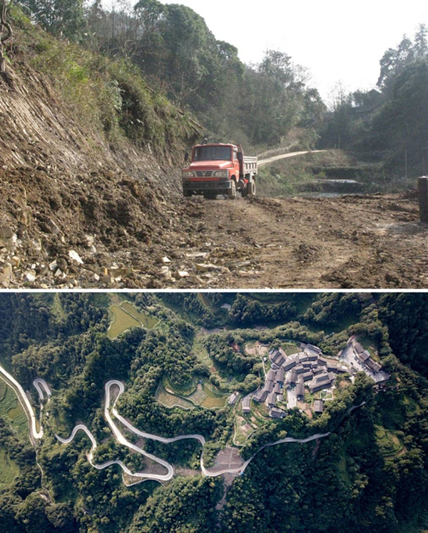 拼版照片：上圖為2011年12月拍攝的湖南省湘西土家族苗族自治州花垣縣十八洞村進(jìn)村道路；下圖為2019年9月拍攝的十八洞村及進(jìn)村道路。