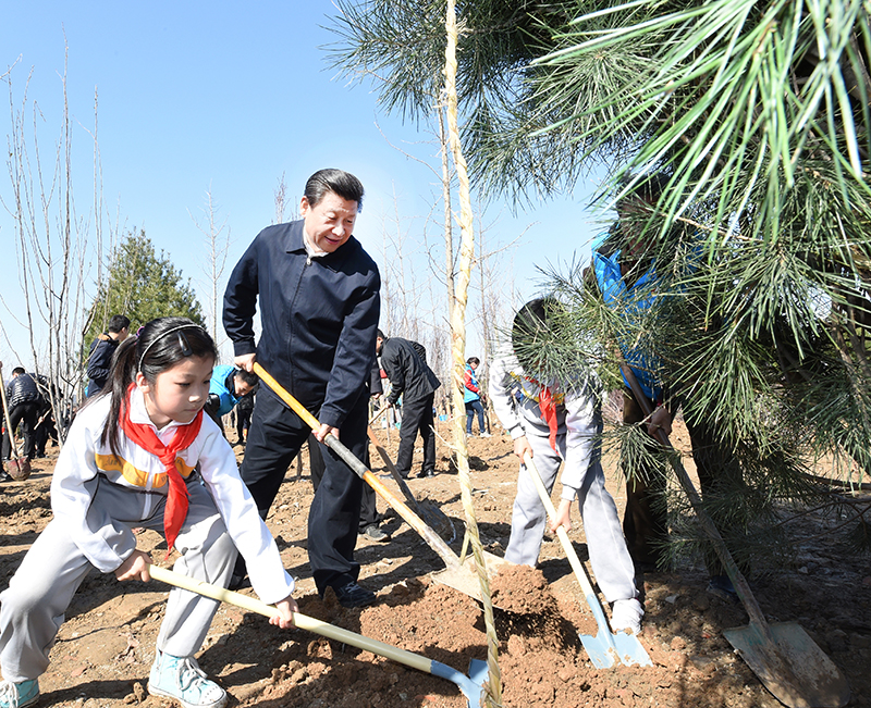 2015年4月3日，習近平總書記同大家一起植樹。