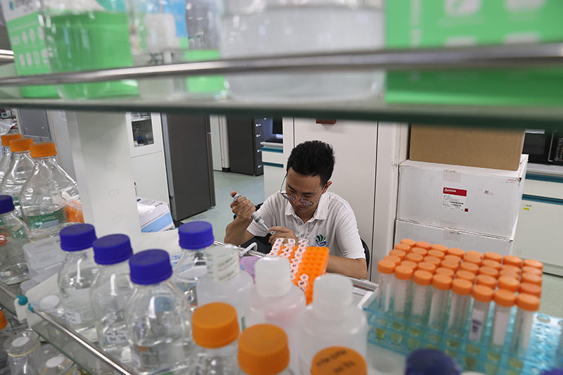在三亞崖州灣科技城，一名青年科技工作者正在進行科研工作。
