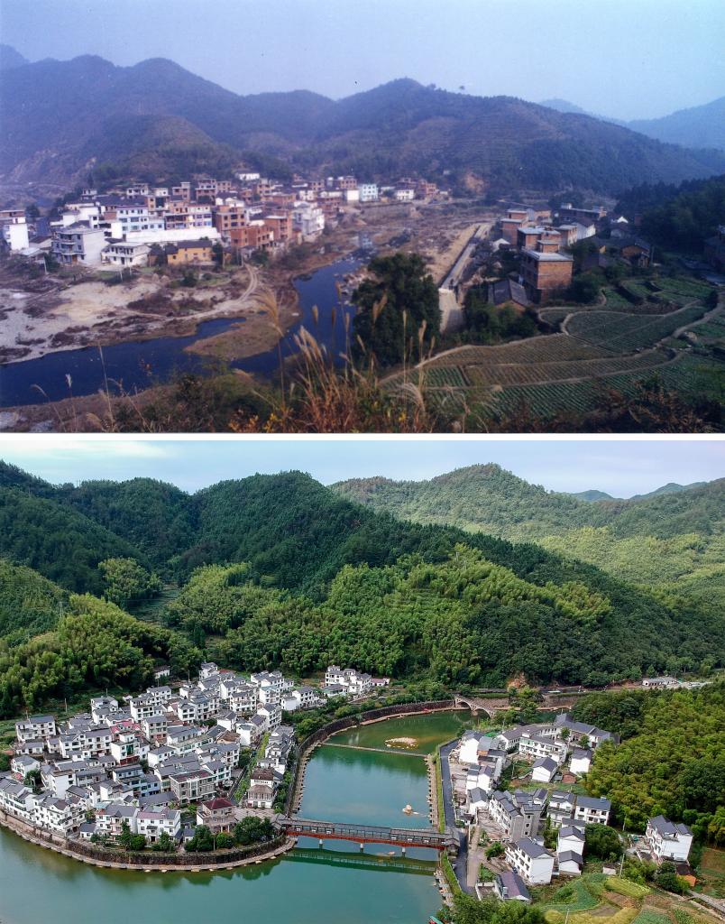 圖為浙江省杭州市淳安縣楓樹嶺鎮(zhèn)下姜村拼版圖，其中上圖為資料照片、下圖由新華社記者張鋮攝。