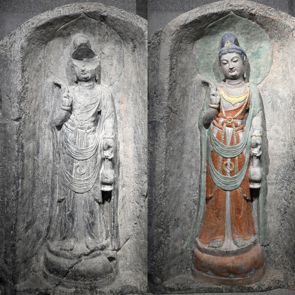 左圖為龍門石窟萬佛洞窟前南壁菩薩造像的3D打印模型；右圖為利用數(shù)字化技術(shù)復(fù)原后的3D打印模型（2025年4月10日攝，拼版照片）。復(fù)原后的像龕精妙絕倫，栩栩如生，被游客譽為“龍門最美菩薩”。圖片來源新華社