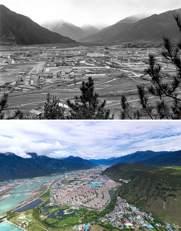 拼版照片：上圖是20世紀90年代的西藏林芝八一鎮(zhèn)；下圖是2021年7月20日拍攝的西藏林芝八一鎮(zhèn)風貌。