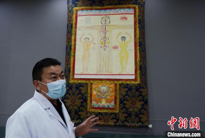 圖為興海縣藏醫(yī)院院長介紹藏醫(yī)四部醫(yī)典詳實(shí)圖?！●R銘言 攝