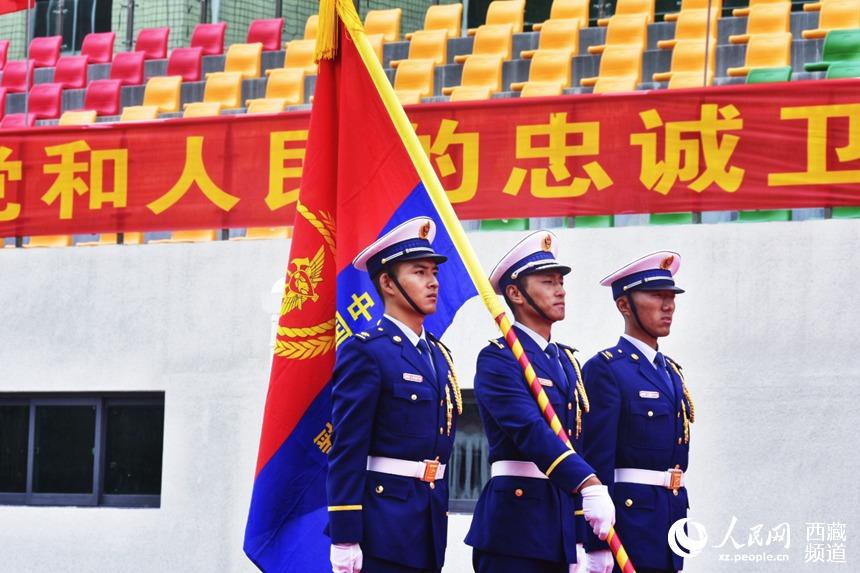 迎國家綜合性消防救援隊伍隊旗。人民網(wǎng) 李海霞 攝